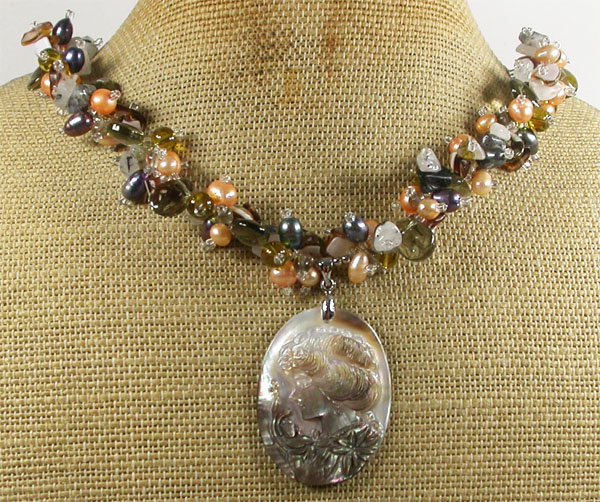 Handmade ABALONE LADY CAMEO & QUARTZ & CRYSTAL & PEARLS NECKLACE