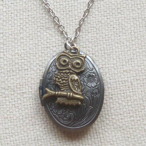 Handmade OVAL LOCKET & OWL ON THE BRANCH CHARM NECKLACE