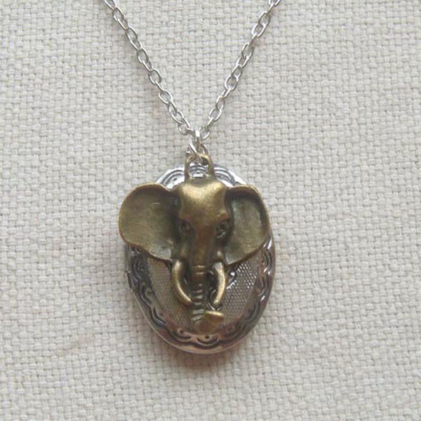 Handmade OVAL LOCKET & ELEPHANT CHARM NECKLACE