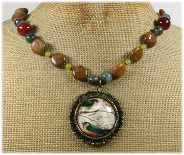 Handmade BIRD PORTRAIT PENDANT AGATE JADE NECKLACE