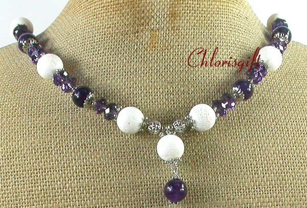 Handmade WHITE CORAL PURPLE JADE CRYSTAL NECKLACE