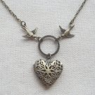Handmade  FILLIGREE HEART LOCKET PENDANT & SWALLOW BIRDS NECKLACE