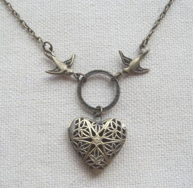 Handmade  FILLIGREE HEART LOCKET PENDANT & SWALLOW BIRDS NECKLACE