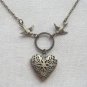 Handmade  FILLIGREE HEART LOCKET PENDANT & SWALLOW BIRDS NECKLACE