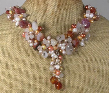 Handmade AGATE QUARTZ FRESH WATER PEARLS NECKLACE