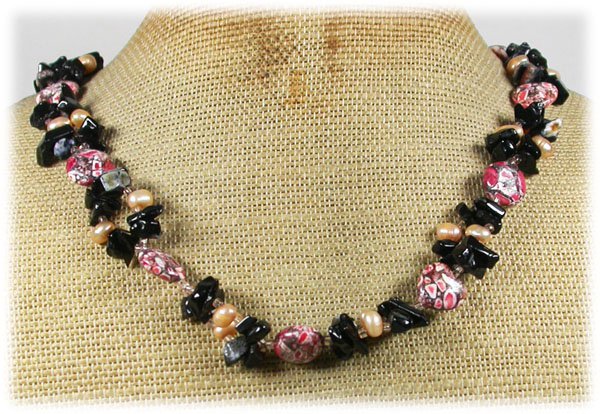 Handmade RED AFRICAN TURQUOISE BLACK AGATE FW PEARLS NECKLACE