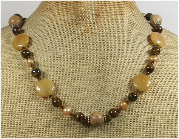 Handmade YELLOW JADE TIGER EYE PICTURE JASPER PEARLS NECKLACE
