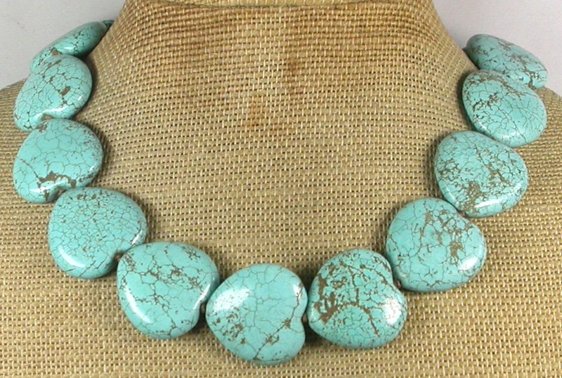Handmade HUGE TURQUOISE HEARTS HAND KNOT NECKLACE