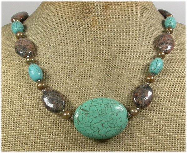 Handmade TURQUOISE SESAME JASPER FW PEARL NECKLACE