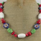 Handmade FLOWER CLOISONNE WHITE RED CORAL TURQUOISE NECKLACE