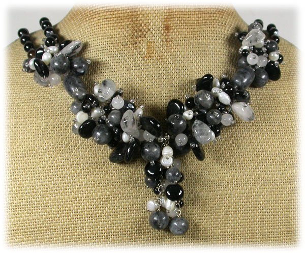 Handmade BLACK AGATE LABORADITE RUTILATED QUARTZ PEARLS NECKLACE