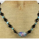 Handmade FLOWER LAMPWORK BLACK AGATE FW PEARLS NECKLACE