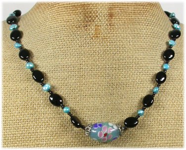 Handmade FLOWER LAMPWORK BLACK AGATE FW PEARLS NECKLACE