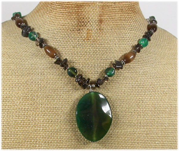 Handmade GREEN AGATE CAT EYE SMOKY QUARTZ NECKLACE