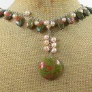 Handmade NATURAL UNAKITE & FRESH WATER PEARLS NECKLACE