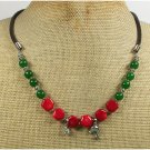 Handmade RED CORAL GREEN JADE LEATHER CORD NECKLACE