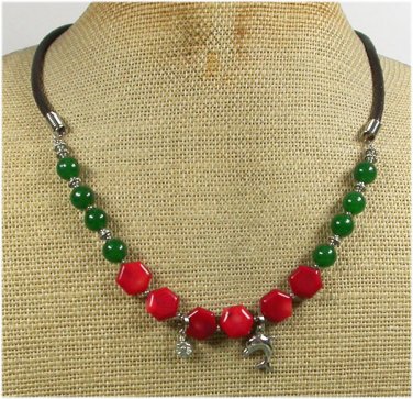 Handmade RED CORAL GREEN JADE LEATHER CORD NECKLACE