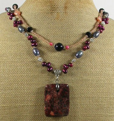 Handmade BACCIATED JASPER PEARLS CRYSTAL 2ROW NECKLACE