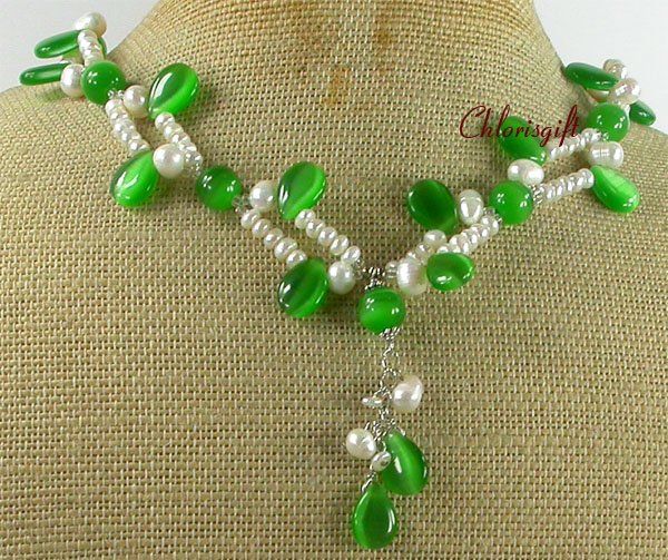 Handmade GREEN CAT EYE & FRESH WATER PEARLS NECKLACE