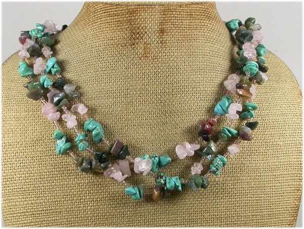 Handmade TURQUOISE FANCY JASPER ROSE QUARTZ 3ROW NECKLACE
