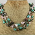 Handmade TURQUOISE FANCY JASPER ROSE QUARTZ 3ROW NECKLACE