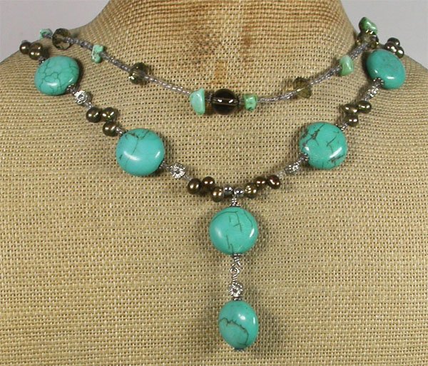 Handmade TURQUOISE SMOKY CRYSTAL FRESH WATER PEARLS 2ROW NECKLACE