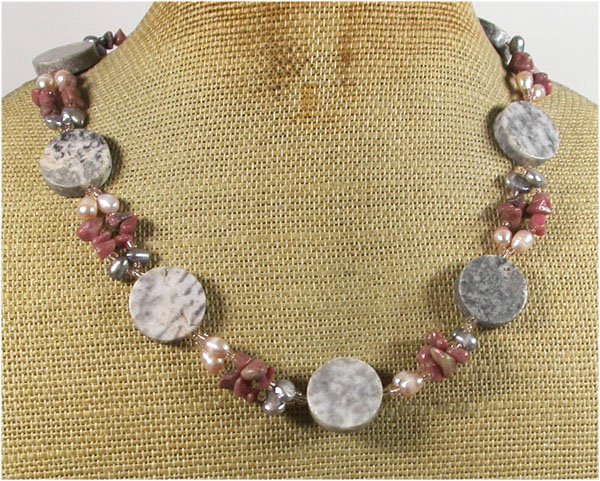 Handmade RED ZEBRA JASPER RHODONITE PEARLS NECKLACE