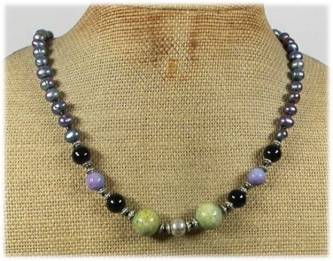 Handmade OLIVE PURPLE CORAL BLACK AGATE PEARLS NECKLACE