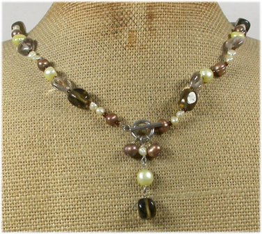Handmade SMOKY QUARTZ CLEAR QUARTZ FW PEARLS NECKLACE