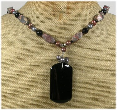 Handmade BLACK AGATE LEOPARDSKIN JASPER PEARLS NECKLACE