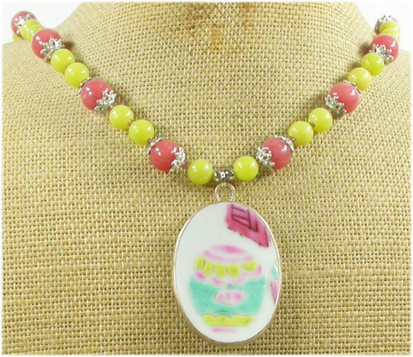 Handmade MING DYNASTY POTTERY SHARD & PINK LEMON JADE NECKLACE