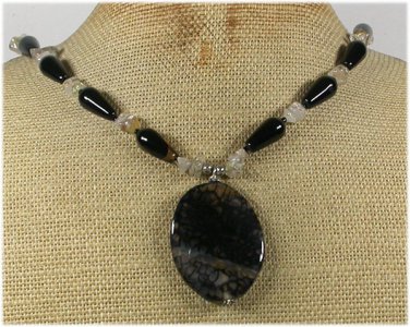 Handmade BLACK FIRE AGATE & RUTILATED QUARTZ NECKLACE