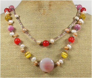 Handmade PINK AGATE CAT EYE FRESH WATER PEARLS 2ROW NECKLACE
