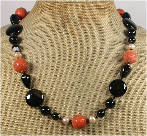 Handmade ORANGE CORAL BLACK AGATE FRESH WATER PEARLS NECKLACE