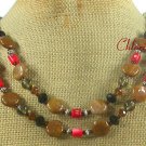 Handmade BROWN AGATE & RED CORAL & CRYSTAL NECKLACE