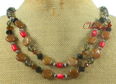 Handmade BROWN AGATE & RED CORAL & CRYSTAL NECKLACE