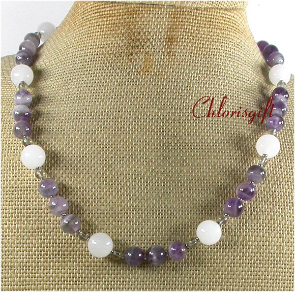 Handmade NATURAL WHITE JADE PURPLE FLUORITE NECKLACE