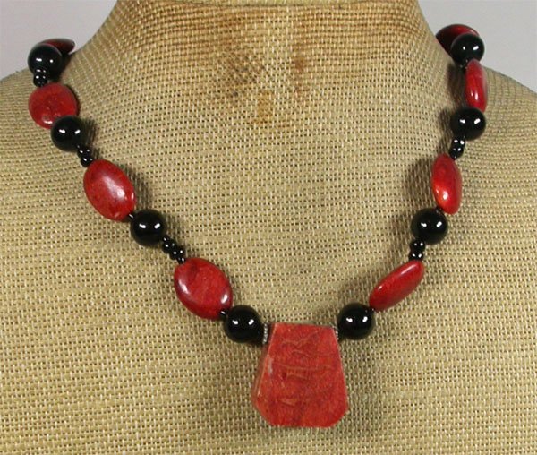 Handmade RED CORAL BLACK CRYSTAL NECKLACE