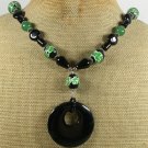 Handmade BLACK AGATE & GREEN JADE & FLOWER LAMPWORK NECKLACE