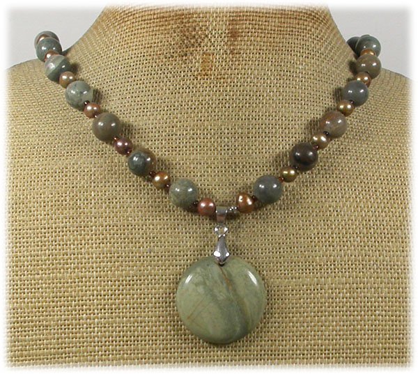 Handmade RHYOLITE & FRESH WATER PEARLS NECKLACE