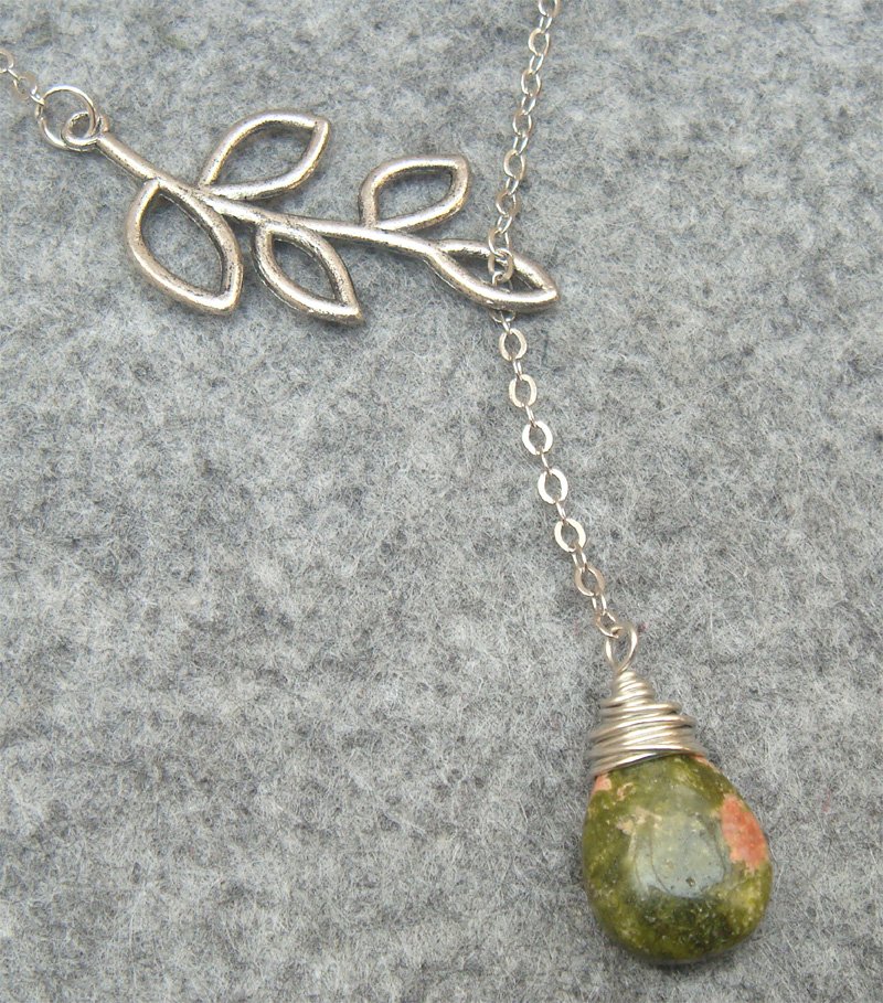 Handmade UNAKITE DROP SILVER LEAF BRANCH LARIAT NECKLACE