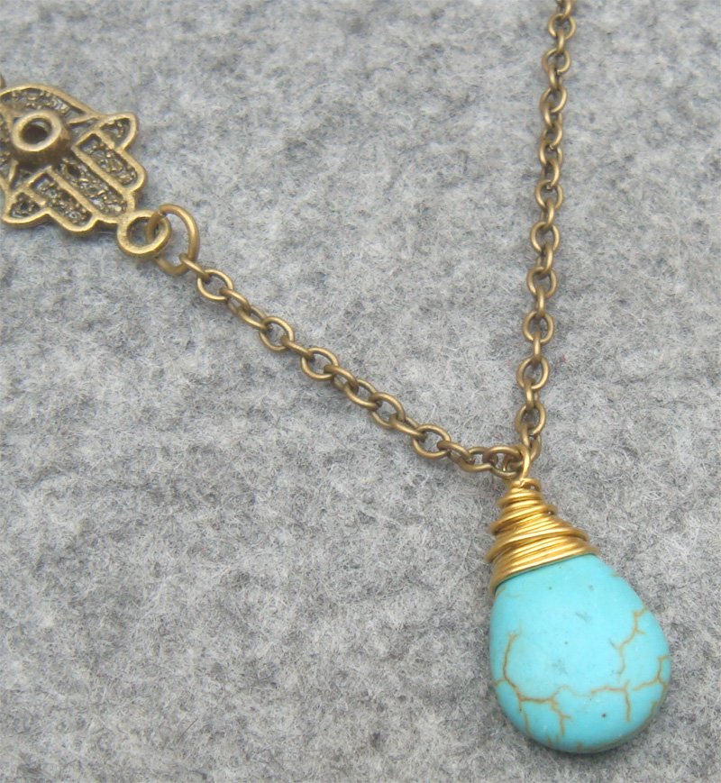 Handmade TURQUOISE DROP HAMSA HAND NECKLACE