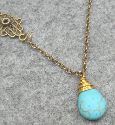 Handmade TURQUOISE DROP HAMSA HAND NECKLACE