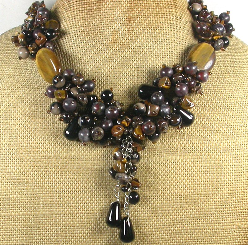 Handmade TIGER EYE BLACK AGATE BACCIATED JASPER GARNET NECKLACE