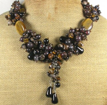 Handmade TIGER EYE BLACK AGATE BACCIATED JASPER GARNET NECKLACE