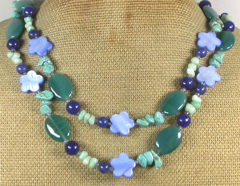 Handmade LONG! 40" GREEN AGATE BLUE JADE CORAL TURQUOISE MOP NECKLACE