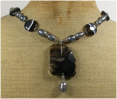 Handmade BLACK QUARTZ STRIPE AGATE FRESH WATER PEARLS NECKLACE