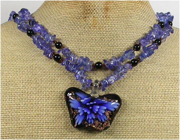 Handmade BUTTERFLY LAMPWORK BLUE QUARTZ CRYSTAL 2ROW NECKLACE