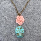 Handmade TURQUOISE SKULL & PINK RESIN ROSE NECKLACE