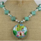 Handmade FLOWER CLOISONNE & AMAZONITE & PEARLS NECKLACE